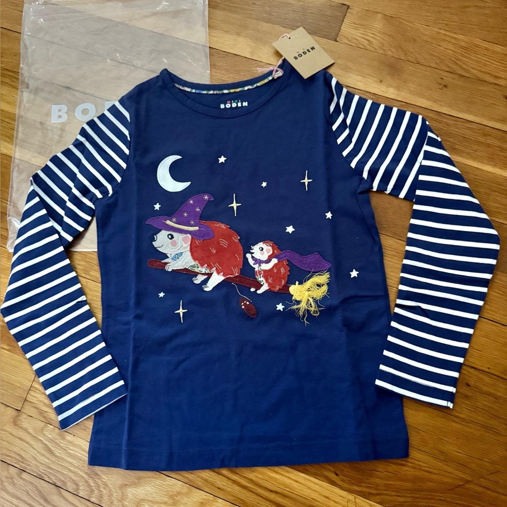 NWT Mini Boden 8-9Y Halloween Theme Hedgehogs on Broom Appliqué Shirt